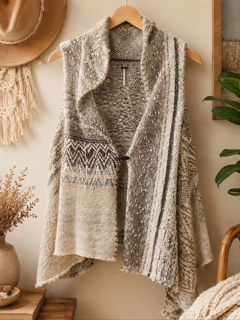 Free People Boho Textured Knit Sweater Vest Raw Edge Hook Front Oversized XS/S